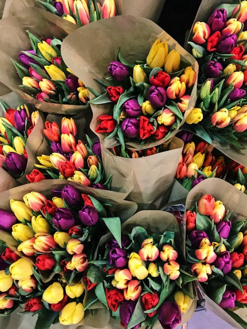 A collection of fresh flower bouquets featuring vibrant tulips in colors of yellow, red, purple, and pink, arranged with green foliage. The bouquets are wrapped in brown kraft paper and arranged in a 