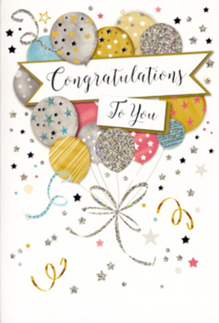 The image presents a refined congratulations card standing upright, its artwork echoing the atmosphere of a well-planned celebration after a successful exam or promotion in Acton. At the heart of the design is a generous spray of illustrated balloons, gathered almost like a hand-tied bouquet and rising from the lower third of the card toward the top. The balloons are rendered in a palette of soft metallic gold, brushed silver, champagne, powder blue, blush pink, and dove grey, each one decorated with its own pattern-glittery speckles like starlight, slender stripes that arc around the curves, and tiny star motifs that seem to twinkle. Their slender strings, drawn as shimmering gold and silver ribbons, curl and loop with a natural, organic flow, mimicking the movement of real balloon ribbons in a living room near The Vale. Draped across the cluster is a gently arching banner, its edges slightly rolled, bearing the phrase "Congratulations To You" in graceful, calligraphic lettering that communicates pride and warmth without being loud. Surrounding the central motif, delicate stars, dots, and confetti-style marks float across a pale, almost champagne-toned background, giving the scene a light, airy quality, like party decorations caught in soft afternoon light. The card feels like something a thoughtful Acton florist might choose to add to a bouquet-sophisticated yet joyful, ideal for celebrating milestones such as graduations, work achievements, or any special moment worth honoring with style and heartfelt appreciation.