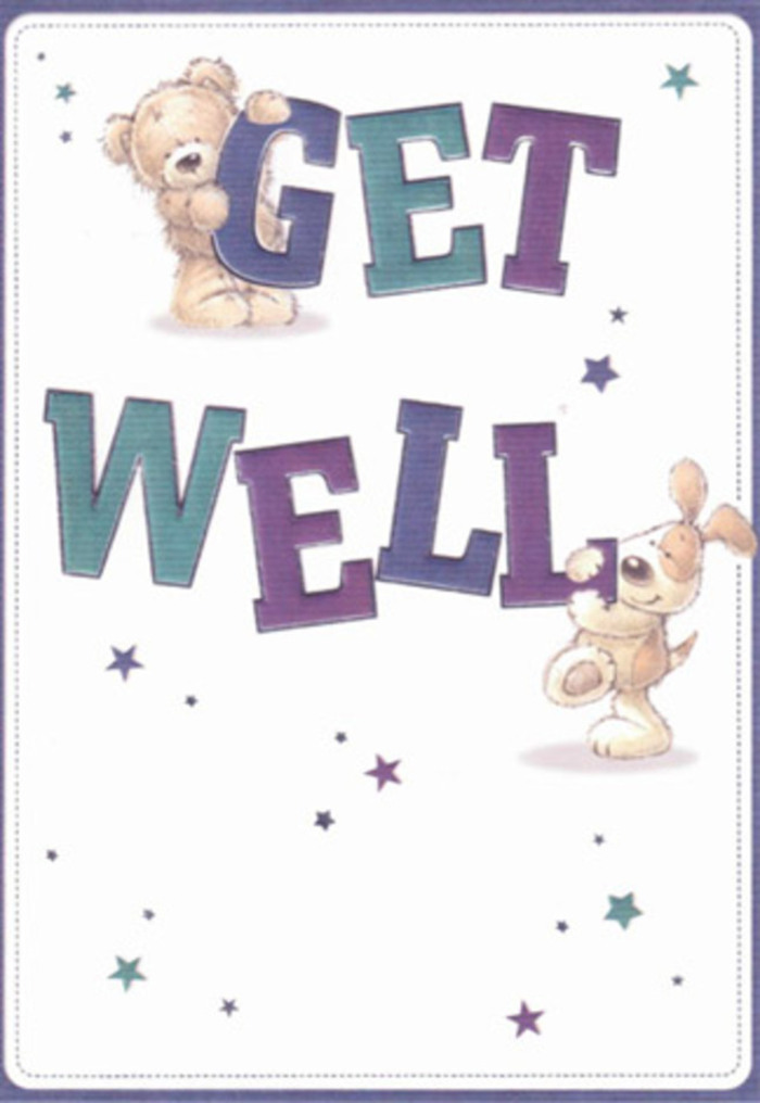 Artfully rendered with a sense of gentle encouragement, this get well card showcases a sweet bear and an animated puppy, both drawn with detail that invites warmth and calm. Playful stars swirl around them in glossy shades of mauve and turquoise, evoking good wishes that float through the air like petals on Acton's summer breeze. The large, cheerful letters-emboldened with purples and aquas-anchor the composition, providing a visual assurance that is soothing and uplifting all at once. There's a distinct tactile quality: the softness of the bear's fur and the plush, floppy ears of the puppy nearly tangible, almost as though you're reaching into a bouquet gathered fresh from local flower stalls near Acton Central or The Mount. Imagine sending this card alongside an arrangement meant to comfort-a pairing that amplifies heartfelt care and positivity for anyone in need. With its glowing white backdrop and thoughtfully scattered stars, the card creates an atmosphere of hope and renewal, much like the effect of a lovingly crafted bouquet brightening a home on a quiet Acton street. It's a design that genuinely resonates with uplifting energy, perfect for sharing a spirit of reassurance and gentle joy with friends and family across the neighbourhood.